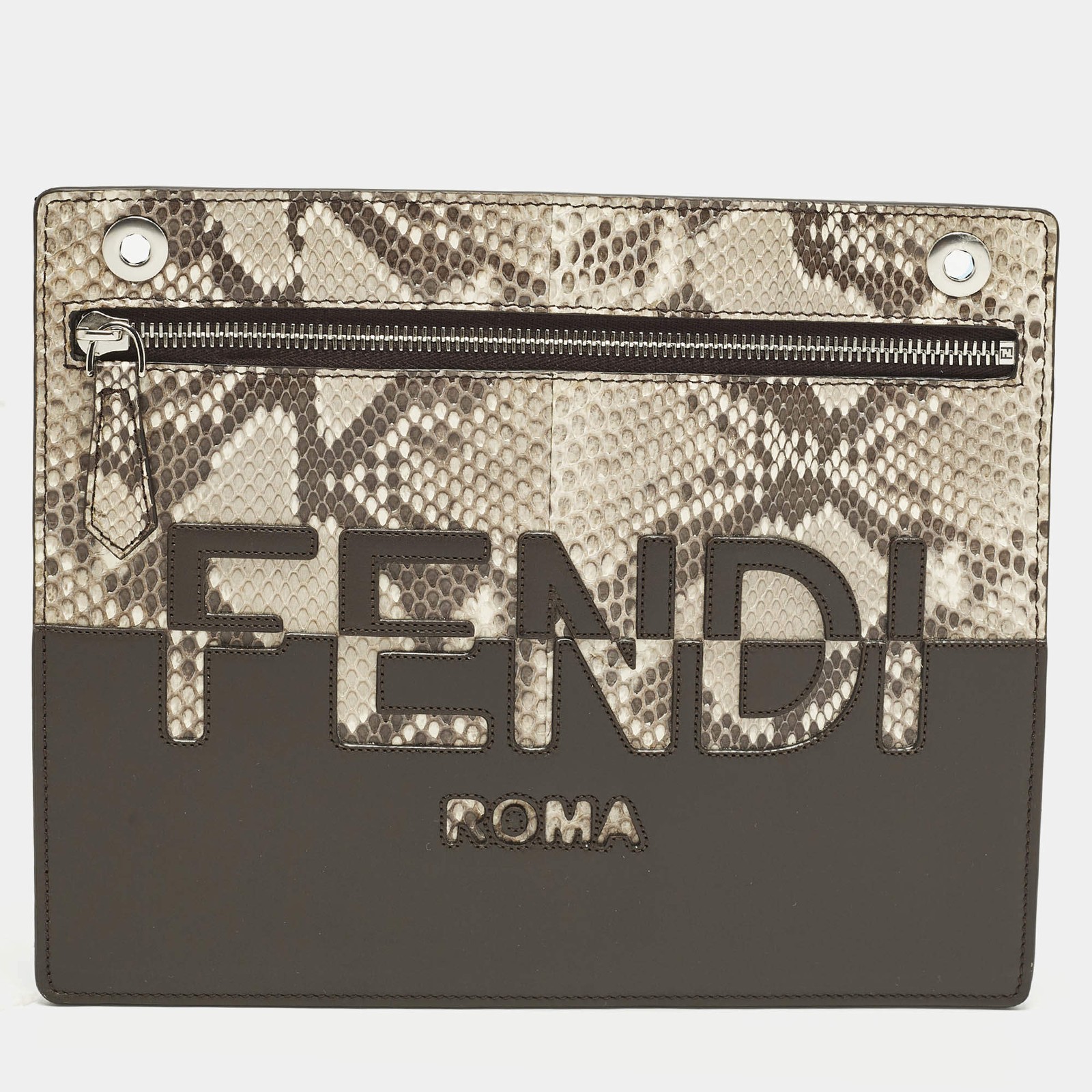 Fendi Logo BrownBeige Leather and Python Flat Pou… - image 1