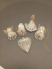 Vintage Spun Glass Crystal Christmas Ornaments X5, Angels, Bell, Heart, Candle