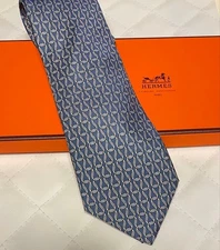 HERMES Neck Tie New Unused Geometric Blue 100%Silk Made in France With Tag