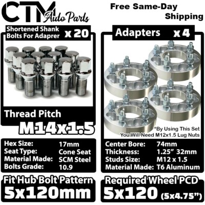 4x 1.25'' Thick 5x120mm (5x4.75'') Wheel Spacer Adapter +14x1.5 Bolt Fit BMW Model