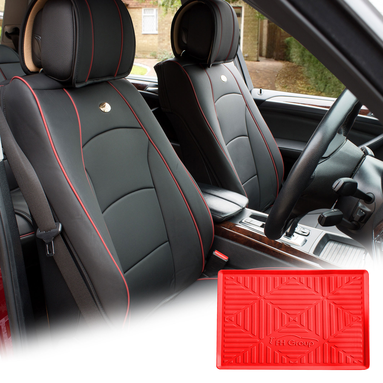 Leatherette Seat Cushion Covers Front Bucket Black w/ Red Dash Mat For Motors