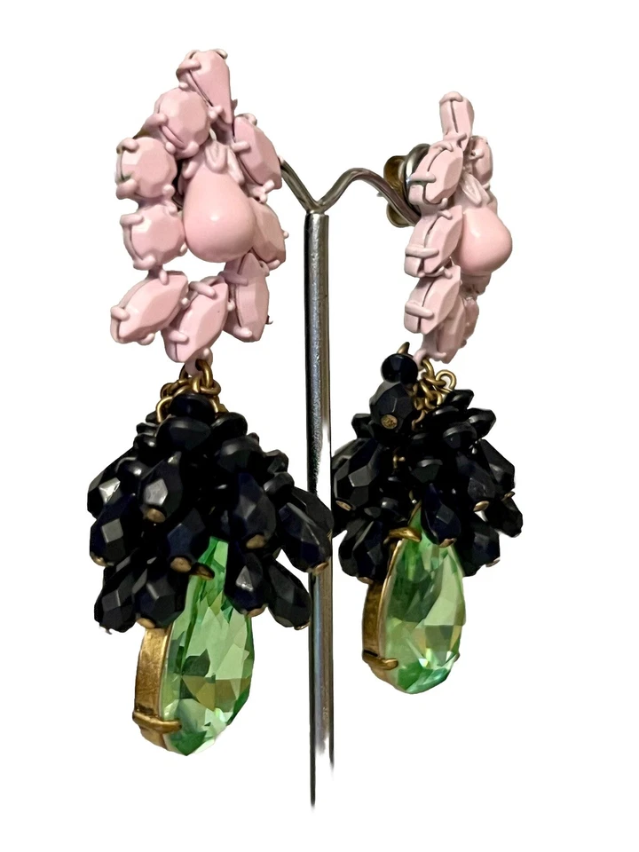 J CREW BRIGHT MIXED MEDIA PINK, GREEN & BLACK DROP EARRINGS PIERCED EARS- 3 INCH - Image 4 of 4