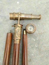 Brass Telescope Compass On Top Head Handle Wooden Walking Stick Cane Hidden Gift