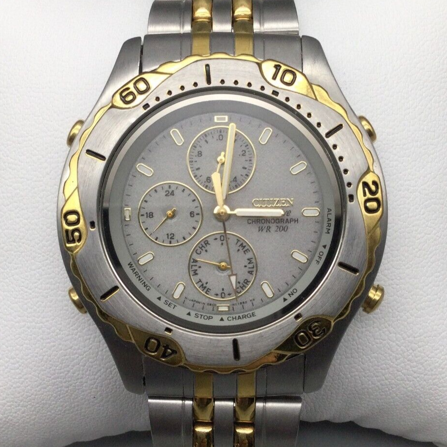 Vtg Citizen Eco-Drive Chronograph Watch Men Gold Silver Tone