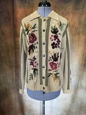 Sz M Talbots Knit Floral Sweater Colorful  Button Up Cardigan Cotton Stretch