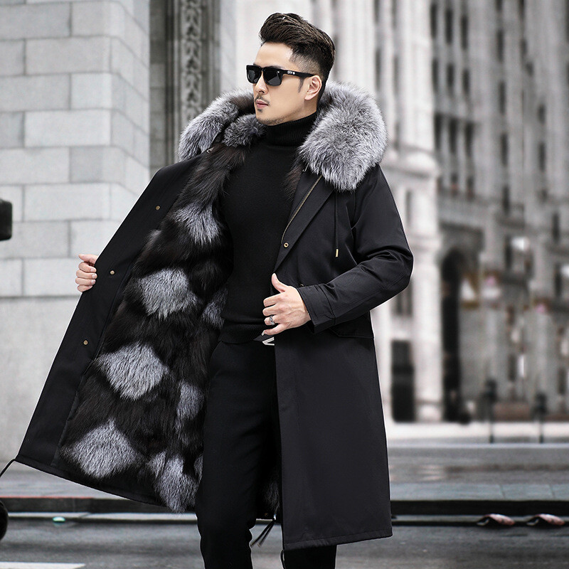 Mens Real Fox Fur Collar Mid Long Fox Fur Lined Coat Parka