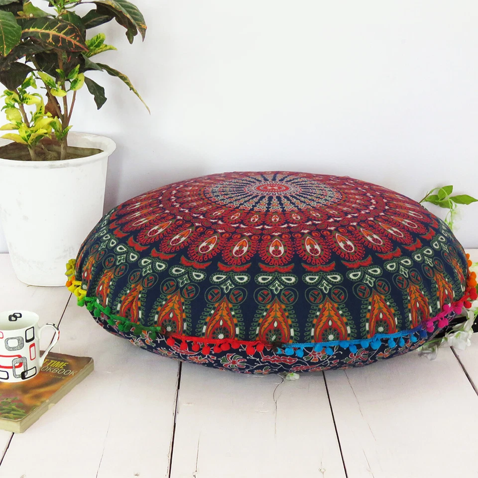 Round Floor Cushion Cover Pouf Indian Mandala Ottoman Throw Pillow Covers - Image 2 of 4