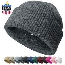 Ribbed Thick Beanie Plain Knit Cuff Ski Cap Skull Hat Warm Solid Color Winter C