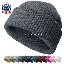 Ribbed Thick Beanie Plain Knit Cuff Ski Cap Skull Hat Warm Solid Color Winter C