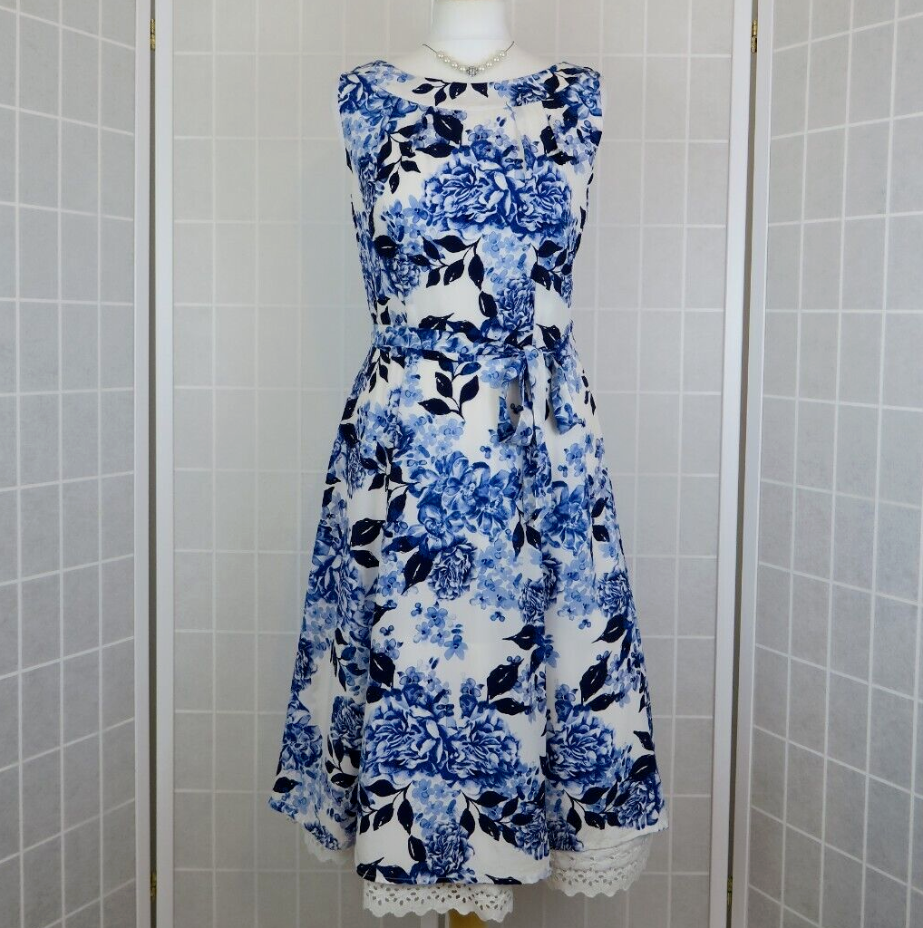 Laura Ashley Occasion Dress UK 10 White Blue Floral Silk Broderie