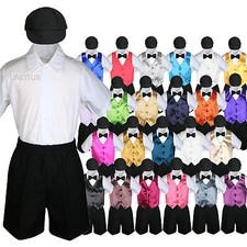 Baby Boys Toddler Formal Black Shorts Bowtie Hat Set choose Color Satin Vest