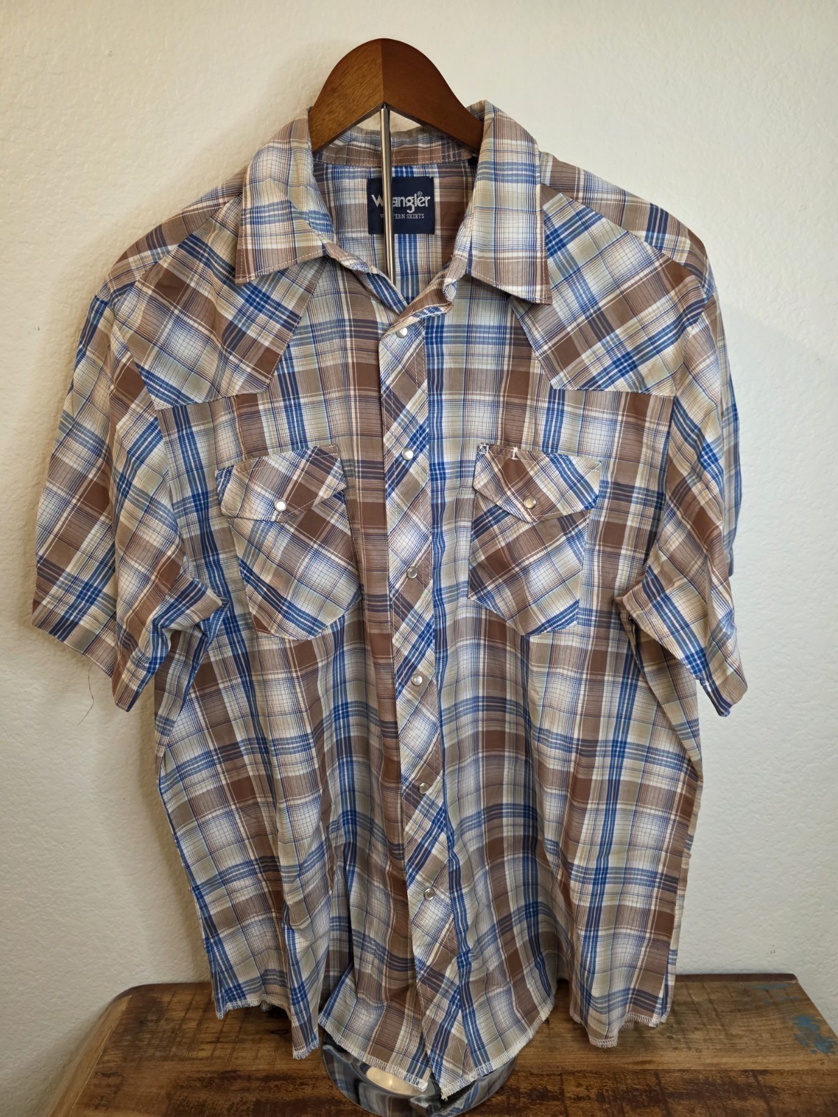 Wrangler Short Sleeve Shirt Brown/Blue Plaid Pearl Snaps XL