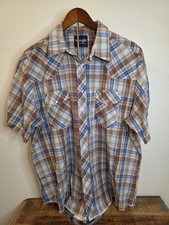 Wrangler Short Sleeve Shirt Brown/Blue Plaid Pearl Snaps XL