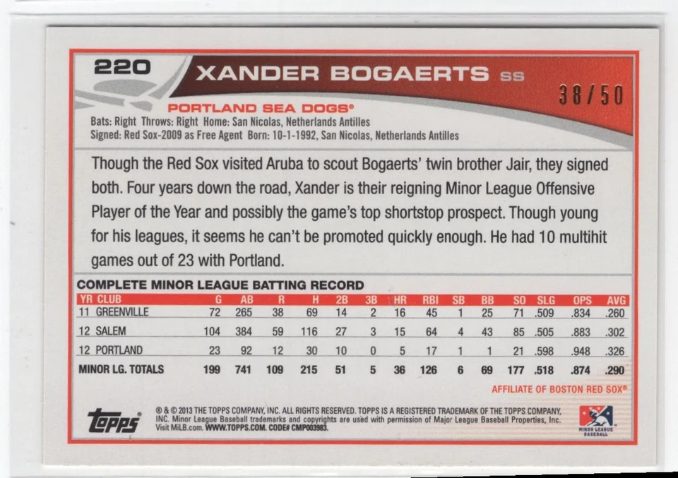 2013 Topps Pro Debut Gold Xander Bogaerts 38/50 Portland Sea Dogs #220 - Image 2 of 2