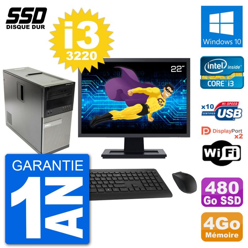 PC Tour Dell 7010 Ecran 22" Intel Core i3-3220 RAM 4Go SSD 480Go Windows 10 Wifi