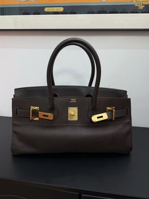 Auth Hermès Birkin Shoulder 42 Handbag Ebene Leather Gold Hardware Luxury Unisex