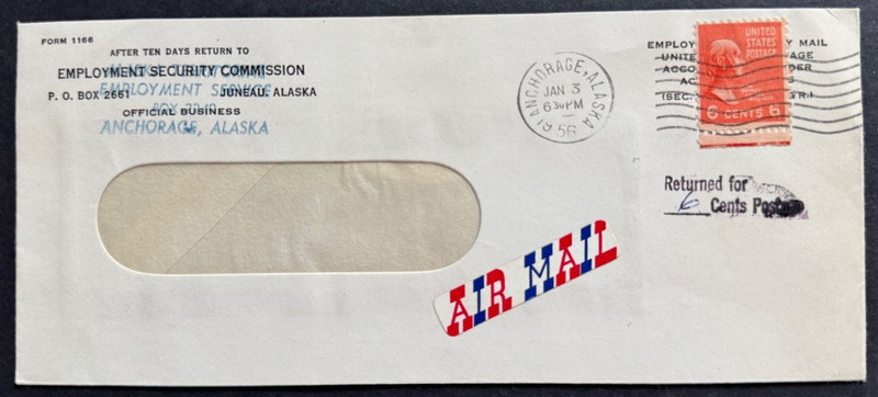 AtoZ. Alaska 1956 Official Mail Free but Airmail Required 6c Postage Prexie
