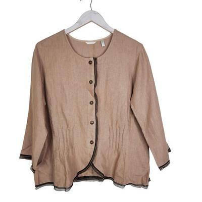 #ad KLEEN Jacket Womens Medium Beige 100% Linen Button Front 3 4 Sleeve Top Blouse $25.97