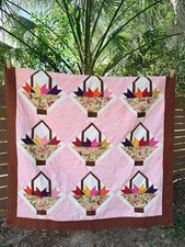 Vintage Basket of Tulips Handmade Quilt 64x64 Signed Cottagecore Boho Decor