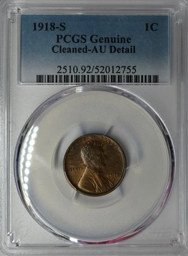 1918-S LINCOLN WHEAT CENT 1C PCGS GENUINE AU DETAILS