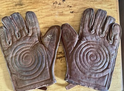 Vintage Brown Leather Handball Gloves Pair w/ Buckle Strap Closure, Adult Unisex