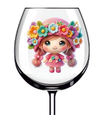 12x bunte gehäkelte Blumenmädchen Vinyl Aufkleber Abziehbild Becher Weinglas Tasse Becher