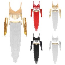 US Women Belly Dance Outfit Sequin Tassel Bra Top  Tiered Tassel Skirt  Gloves