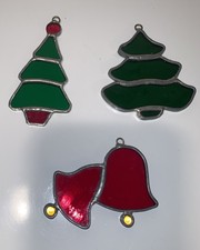 Lot 3 Stained Glass Suncatchers Christmas Tree And Bells Holder Holiday Decor