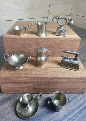 Lot 8 Vtg Brass Dollhouse Kitchen Miniatures Nick Nack Shelf Collection 