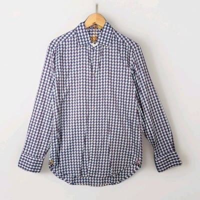 Robert Graham Karohemd Herren S 38'' Brustumfang Blau Weiß Bestickt Langarm