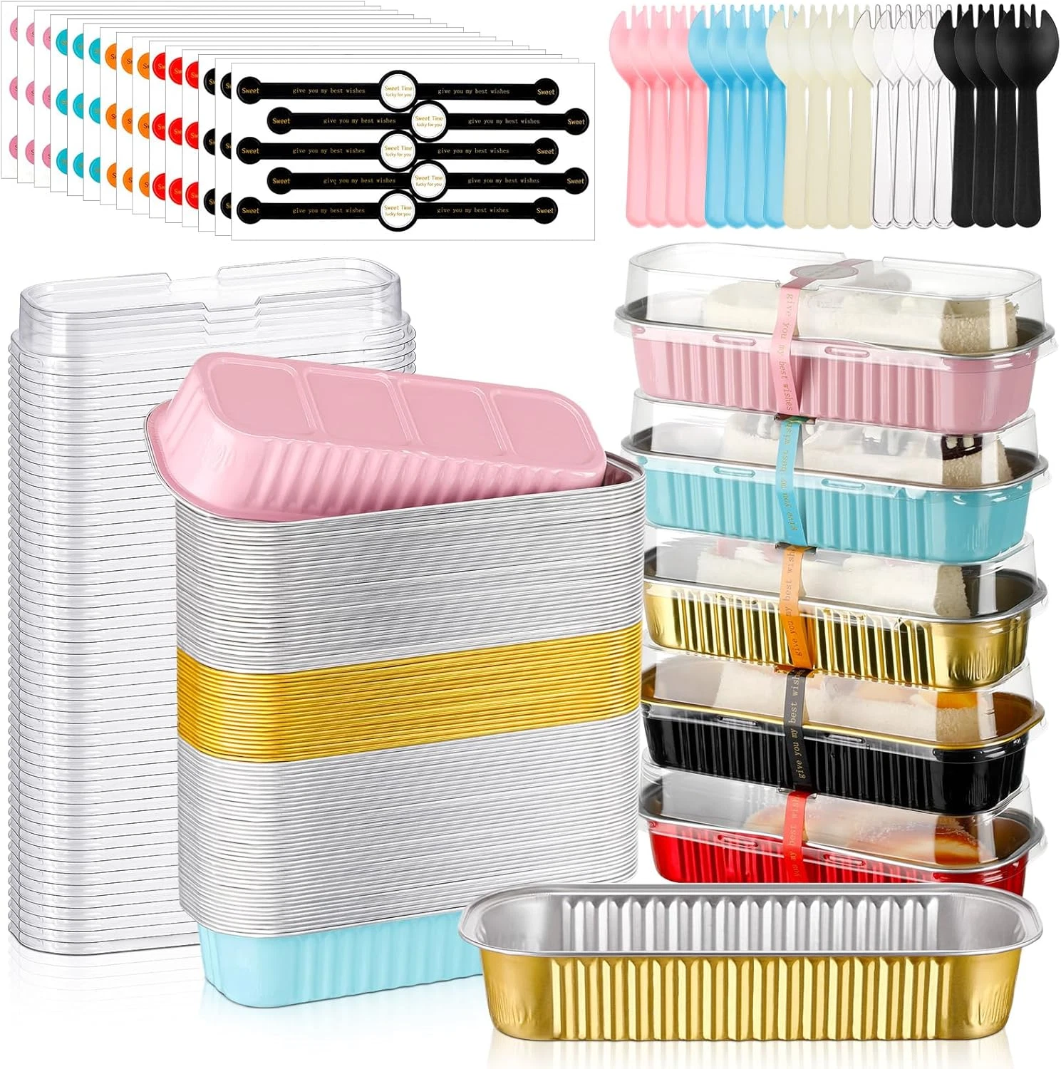 600 Pcs Mini Loaf Pans with Lids Spoons Sealing Sticker Small Cake Baking Pans D