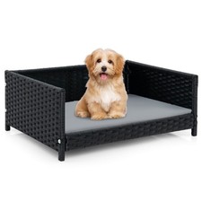 Rattan Dog Bed w/ Waterproof Soft Cushion Metal Frame for Medium Small Dogs Cats