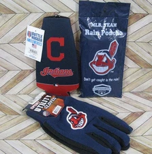 Cleveland Indians 3 Pc Lot Chief Wahoo Utility Gloves Rain Poncho Bottle Hugger