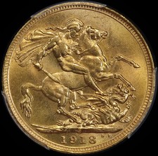 1918 Sydney George V Large Head Sovereign Choice Unc (PCGS MS64)