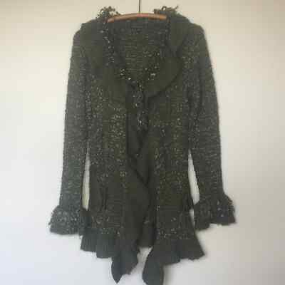 PEPPE PELUSO Olive Green Ruffled Tie Cardigan M