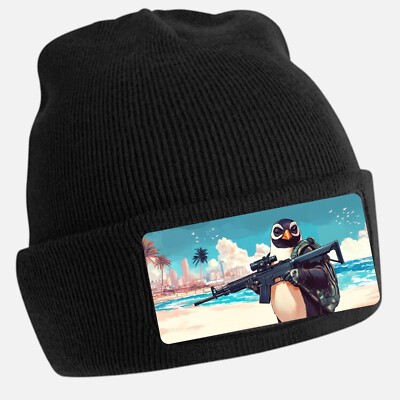 Black Beanie Hat with Cool Penguin with Gun Motif - Unisex Hat, Cotton