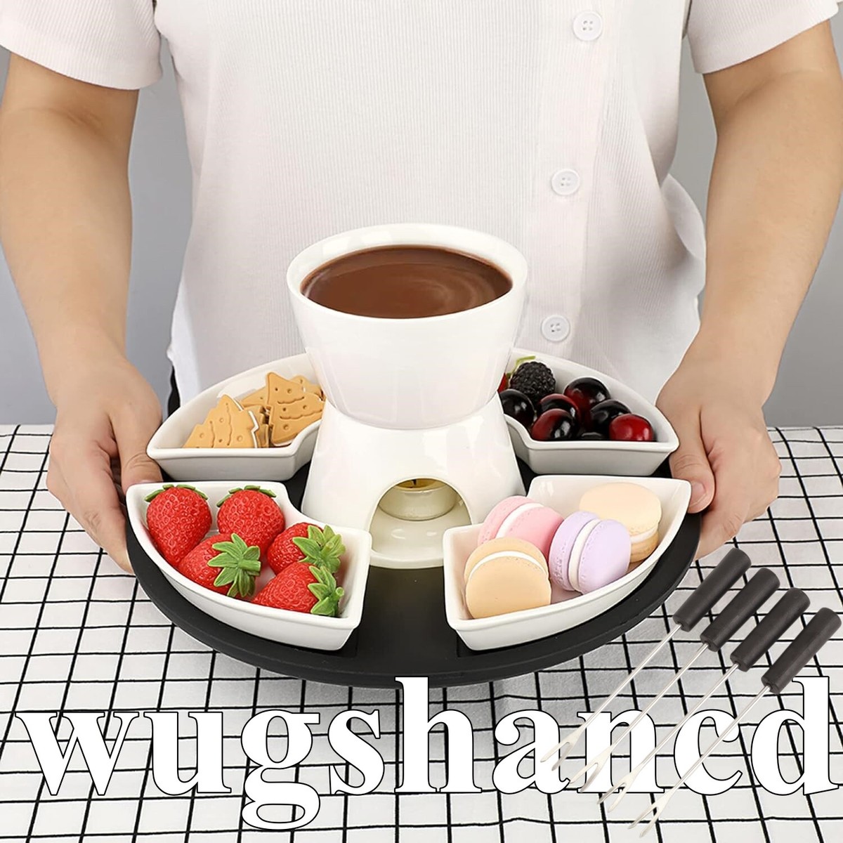 Ceramic Fondue Set Tea Light Porcelain Melting Pot w/ Forks /Bowls