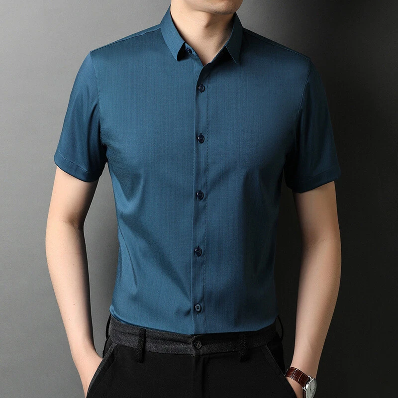 Men's Imitation Silk Formal Shirt Summer Micro-Elastic Slim