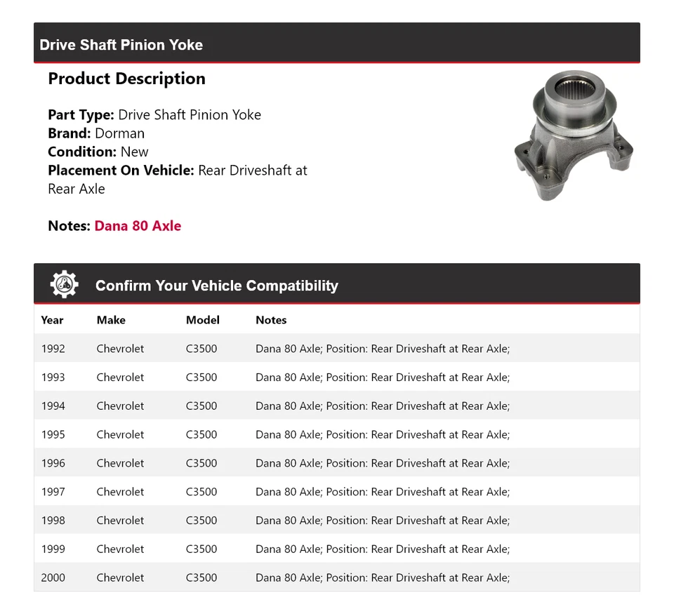 For 1992-2000 Chevrolet C3500 Dorman Drive Shaft Pinion Yoke 1993 1994 1995 1996 - Image 2 of 4