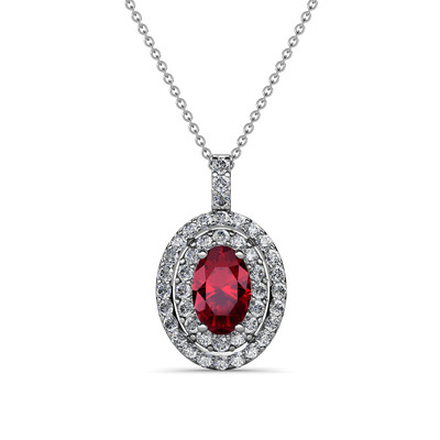 Ovaler Rubin und Diamant Doppel Heiligenschein Anhänger 0,96 ctw in 14K Gold JP:79453