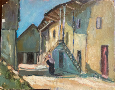 ::OIL PAINTING STREET VIEW IN SOUTHERN VILLAGE WITH SHADY PERSON AND STAIRCASE