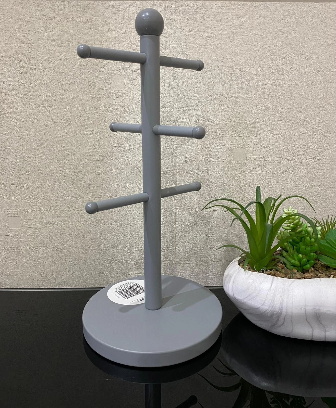 Grey Mug Tree Holder–6 Hook Metal Coffee Cup Organizer Best For Kitchen Storage
