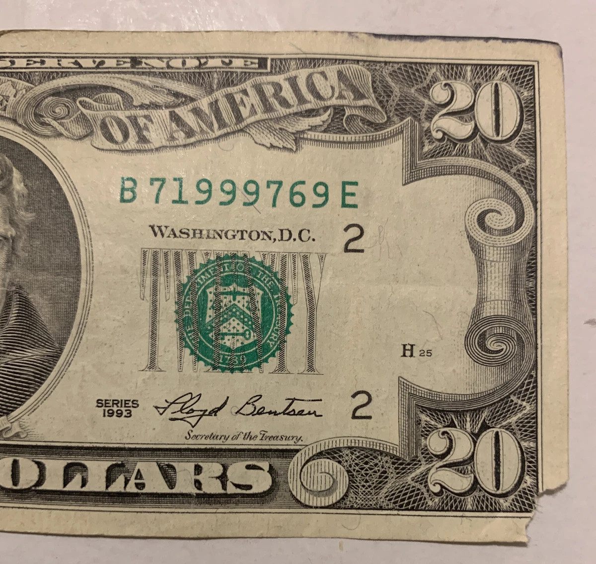 $20 Dollar Bill 1993 B2 District FRN Serial Number: B 71999769 E  