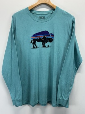 MENS PATAGONIA LONG SLEEVE FITZ ROY BISON RESPONSIBILI-TEE XL Turquoise Blue