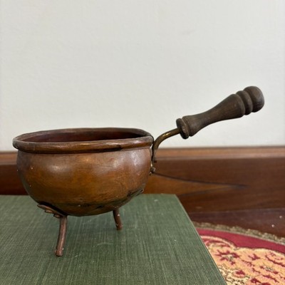 Antique Copper Melting Pot Caludren 3 Leg Wood Handle
