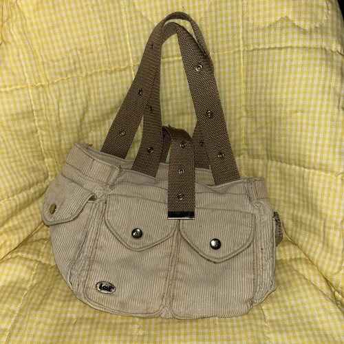 Womens Y2K Corduroy Mini Bag Tan Buckle Belt Strap Utility Grunge Indie Preppy - Picture 1 of 5