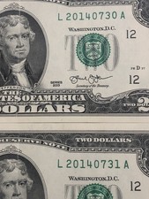 July 30&31 2014 Bday/Anniversary Fancy Serial 2013 Circulated $2 Dollar Notes