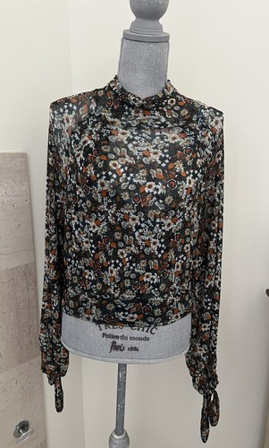 Free People All Dolled Up Floral Green Sheer High Neck Long Sleeve Mesh Blouse S - Picture 3 of 19