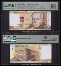 Peru 20 Nuevos Soles 2009, Paper, A...A Prefix, Lucky Number 888, PMG66
