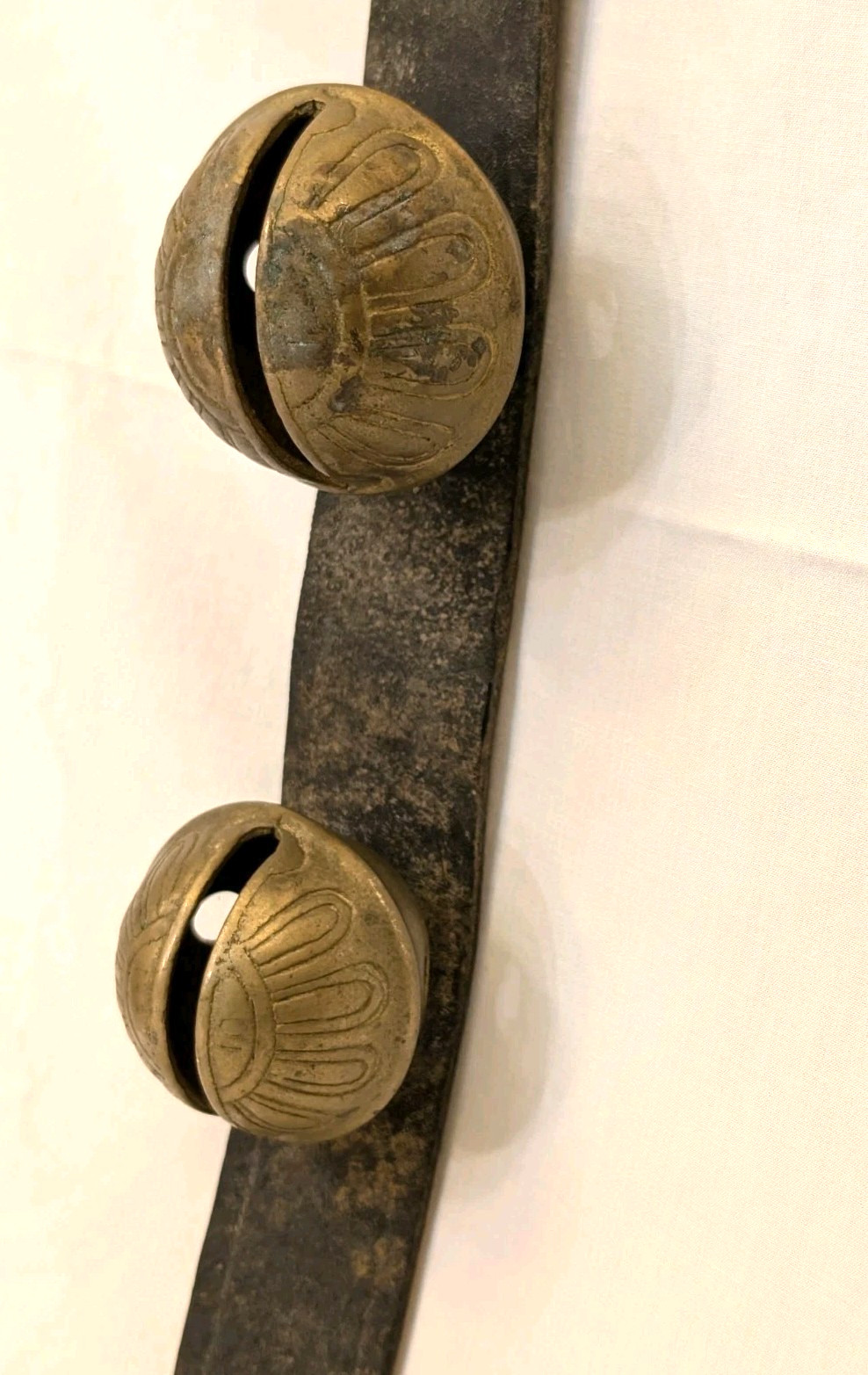 Early Antique Horse Brass Pedal Sleigh Bells on Leather Strap